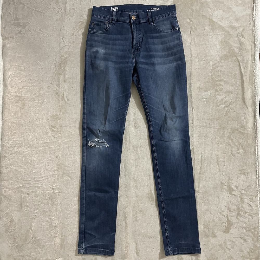 Mugsy‎ Fultons Jeans Mens 33x34 Skinny Leg Blue Denim Stretch Comfort Distressed